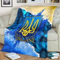 Trident Emblem Ukraine Blanket with Blue Sunflowers and Flag Colors Design