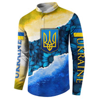 Trident Emblem Ukraine Button Sweatshirt with Blue Sunflowers and Flag Colors Design
