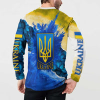 Trident Emblem Ukraine Button Sweatshirt with Blue Sunflowers and Flag Colors Design
