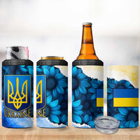 Trident Emblem Ukraine 4 in 1 Can Cooler Tumbler with Blue Sunflowers and Flag Colors Design
