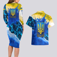 Trident Emblem Ukraine Couples Matching Long Sleeve Bodycon Dress and Hawaiian Shirt with Blue Sunflowers and Flag Colors Design