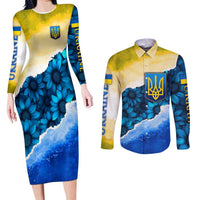 Trident Emblem Ukraine Couples Matching Long Sleeve Bodycon Dress and Long Sleeve Button Shirt with Blue Sunflowers and Flag Colors Design