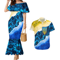 Trident Emblem Ukraine Couples Matching Mermaid Dress and Hawaiian Shirt with Blue Sunflowers and Flag Colors Design