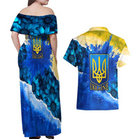 Trident Emblem Ukraine Couples Matching Off Shoulder Maxi Dress and Hawaiian Shirt with Blue Sunflowers and Flag Colors Design