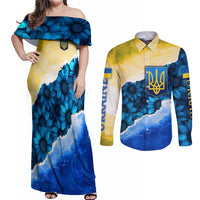 Trident Emblem Ukraine Couples Matching Off Shoulder Maxi Dress and Long Sleeve Button Shirt with Blue Sunflowers and Flag Colors Design