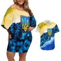 Trident Emblem Ukraine Couples Matching Off Shoulder Short Dress and Hawaiian Shirt with Blue Sunflowers and Flag Colors Design