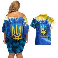 Trident Emblem Ukraine Couples Matching Off Shoulder Short Dress and Hawaiian Shirt with Blue Sunflowers and Flag Colors Design