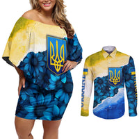Trident Emblem Ukraine Couples Matching Off Shoulder Short Dress and Long Sleeve Button Shirt with Blue Sunflowers and Flag Colors Design
