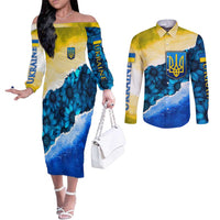 Trident Emblem Ukraine Couples Matching Off The Shoulder Long Sleeve Dress and Long Sleeve Button Shirt with Blue Sunflowers and Flag Colors Design