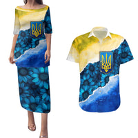 Trident Emblem Ukraine Couples Matching Puletasi and Hawaiian Shirt with Blue Sunflowers and Flag Colors Design
