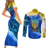 Trident Emblem Ukraine Couples Matching Short Sleeve Bodycon Dress and Long Sleeve Button Shirt with Blue Sunflowers and Flag Colors Design