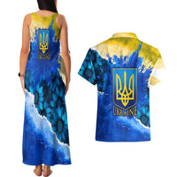 Trident Emblem Ukraine Couples Matching Tank Maxi Dress and Hawaiian Shirt with Blue Sunflowers and Flag Colors Design