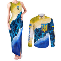 Trident Emblem Ukraine Couples Matching Tank Maxi Dress and Long Sleeve Button Shirt with Blue Sunflowers and Flag Colors Design
