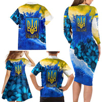 Trident Emblem Ukraine Family Matching Long Sleeve Bodycon Dress and Hawaiian Shirt with Blue Sunflowers and Flag Colors Design