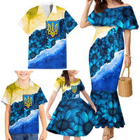 Trident Emblem Ukraine Family Matching Mermaid Dress and Hawaiian Shirt with Blue Sunflowers and Flag Colors Design