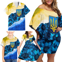 Trident Emblem Ukraine Family Matching Off Shoulder Short Dress and Hawaiian Shirt with Blue Sunflowers and Flag Colors Design