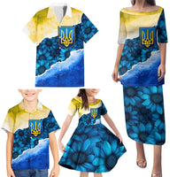 Trident Emblem Ukraine Family Matching Puletasi and Hawaiian Shirt with Blue Sunflowers and Flag Colors Design