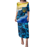 Trident Emblem Ukraine Family Matching Puletasi and Hawaiian Shirt with Blue Sunflowers and Flag Colors Design