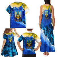 Trident Emblem Ukraine Family Matching Tank Maxi Dress and Hawaiian Shirt with Blue Sunflowers and Flag Colors Design