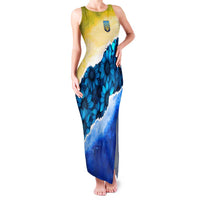 Trident Emblem Ukraine Family Matching Tank Maxi Dress and Hawaiian Shirt with Blue Sunflowers and Flag Colors Design