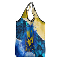 Trident Emblem Ukraine Grocery Bag with Blue Sunflowers and Flag Colors Design