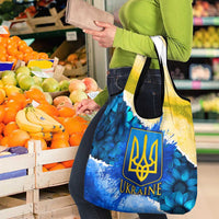 Trident Emblem Ukraine Grocery Bag with Blue Sunflowers and Flag Colors Design