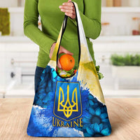 Trident Emblem Ukraine Grocery Bag with Blue Sunflowers and Flag Colors Design