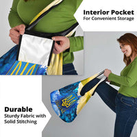 Trident Emblem Ukraine Grocery Bag with Blue Sunflowers and Flag Colors Design