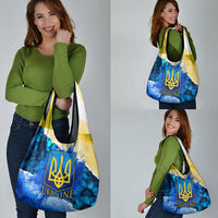 Trident Emblem Ukraine Grocery Bag with Blue Sunflowers and Flag Colors Design