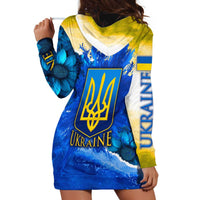 Trident Emblem Ukraine Hoodie Dress with Blue Sunflowers and Flag Colors Design