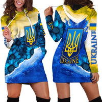 Trident Emblem Ukraine Hoodie Dress with Blue Sunflowers and Flag Colors Design