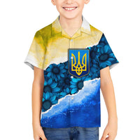 Trident Emblem Ukraine Kid Hawaiian Shirt with Blue Sunflowers and Flag Colors Design