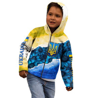 Trident Emblem Ukraine Kid Hoodie with Blue Sunflowers and Flag Colors Design