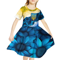 Trident Emblem Ukraine Kid Short Sleeve Dress with Blue Sunflowers and Flag Colors Design