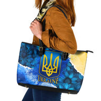 Trident Emblem Ukraine Leather Tote Bag with Blue Sunflowers and Flag Colors Design