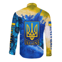 Trident Emblem Ukraine Long Sleeve Button Shirt with Blue Sunflowers and Flag Colors Design