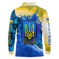 Trident Emblem Ukraine Long Sleeve Polo Shirt with Blue Sunflowers and Flag Colors Design