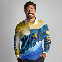 Trident Emblem Ukraine Long Sleeve Polo Shirt with Blue Sunflowers and Flag Colors Design