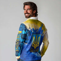 Trident Emblem Ukraine Long Sleeve Polo Shirt with Blue Sunflowers and Flag Colors Design