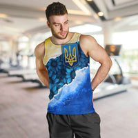 Trident Emblem Ukraine Men Tank Top with Blue Sunflowers and Flag Colors Design