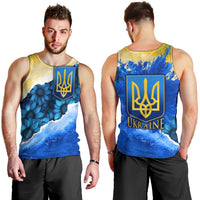 Trident Emblem Ukraine Men Tank Top with Blue Sunflowers and Flag Colors Design