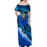 Trident Emblem Ukraine Off Shoulder Maxi Dress with Blue Sunflowers and Flag Colors Design