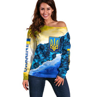 Trident Emblem Ukraine Off Shoulder Sweater with Blue Sunflowers and Flag Colors Design