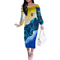 Trident Emblem Ukraine Off The Shoulder Long Sleeve Dress with Blue Sunflowers and Flag Colors Design