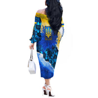 Trident Emblem Ukraine Off The Shoulder Long Sleeve Dress with Blue Sunflowers and Flag Colors Design