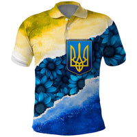 Trident Emblem Ukraine Polo Shirt with Blue Sunflowers and Flag Colors Design