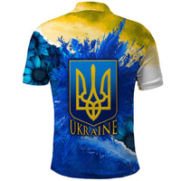 Trident Emblem Ukraine Polo Shirt with Blue Sunflowers and Flag Colors Design
