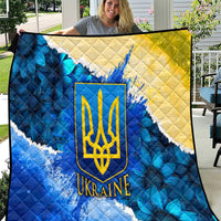 Trident Emblem Ukraine Quilt with Blue Sunflowers and Flag Colors Design