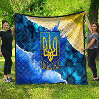 Trident Emblem Ukraine Quilt with Blue Sunflowers and Flag Colors Design