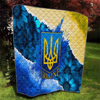 Trident Emblem Ukraine Quilt with Blue Sunflowers and Flag Colors Design
